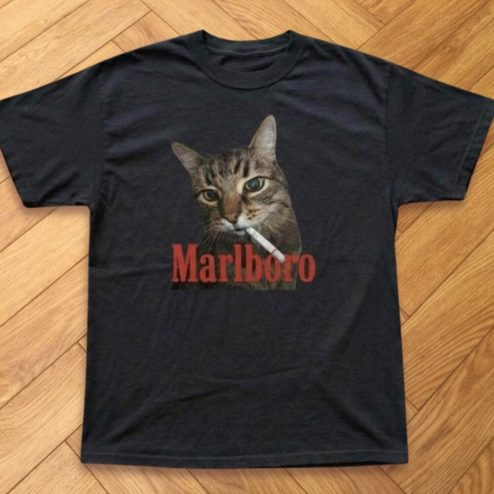 Smoking Marlboro Cat Funny Graphic T-Shirt Black New